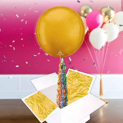 Floating Gleaming Gold Balloon In A Box With Tail Surprise Gift - Personalise It!