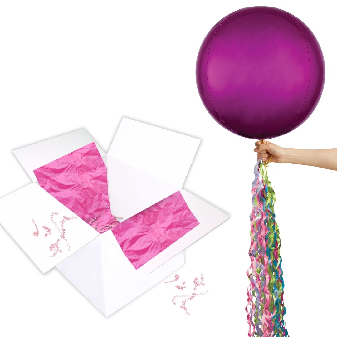 Floating Plum Pink Balloon In A Box With Tail Surprise Gift - Personalise It!