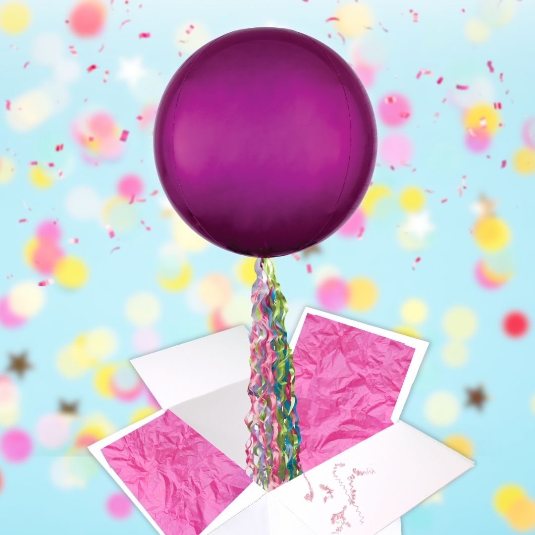 Floating Plum Pink Balloon In A Box With Tail Surprise Gift - Personalise It!