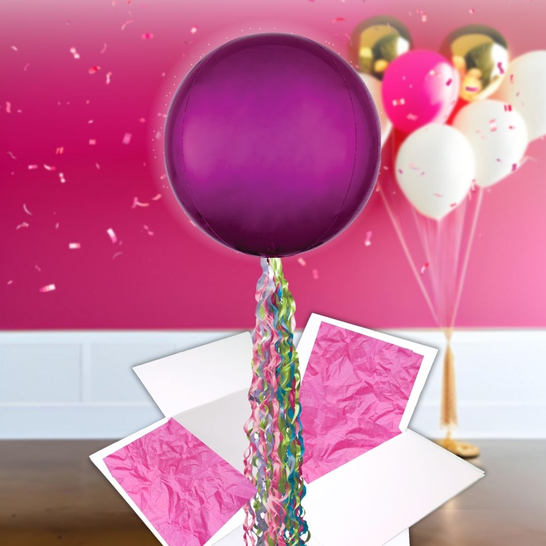 Floating Plum Pink Balloon In A Box With Tail Surprise Gift - Personalise It!