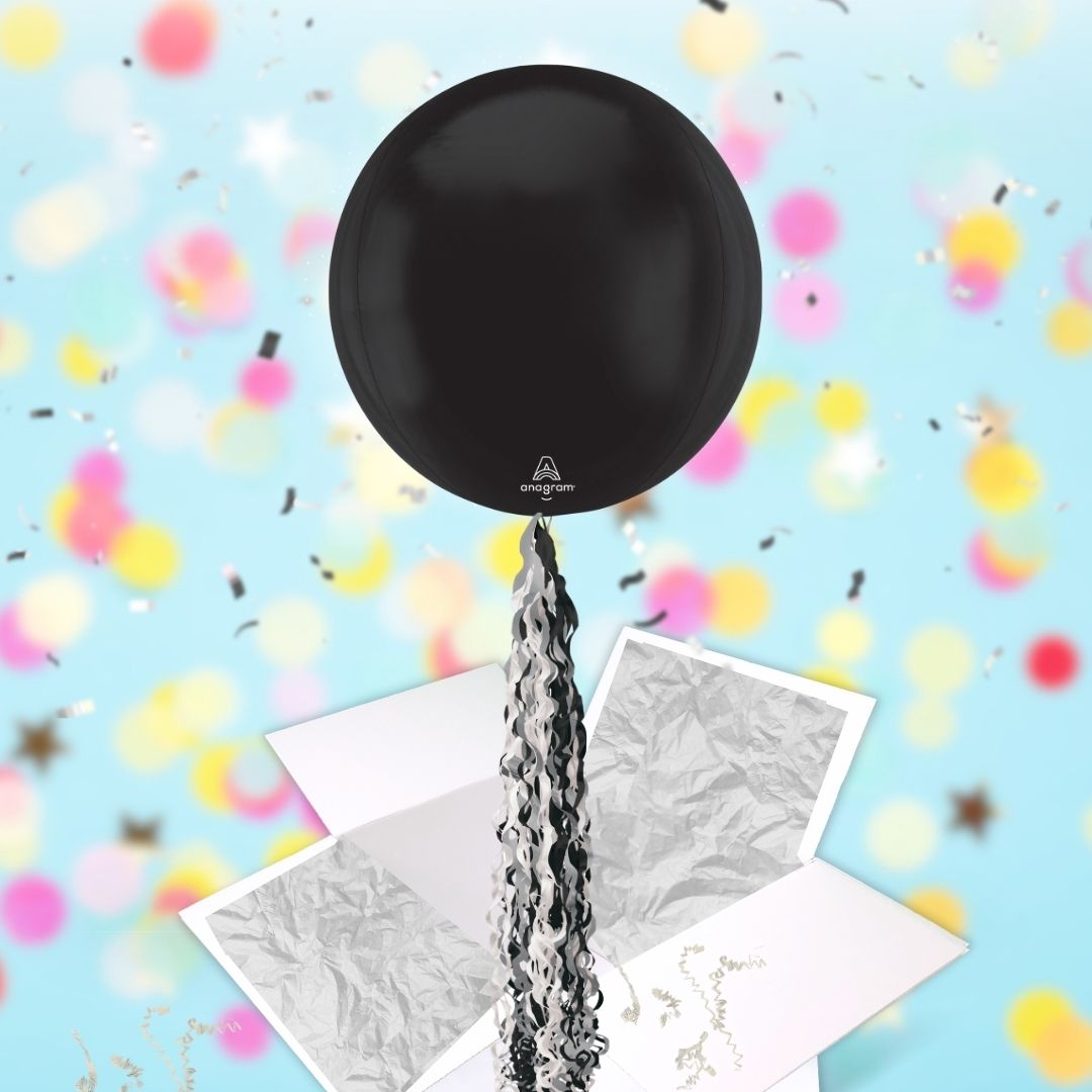 Floating Sleek Black Balloon In A Box With Tail Surprise Gift - Personalise It!