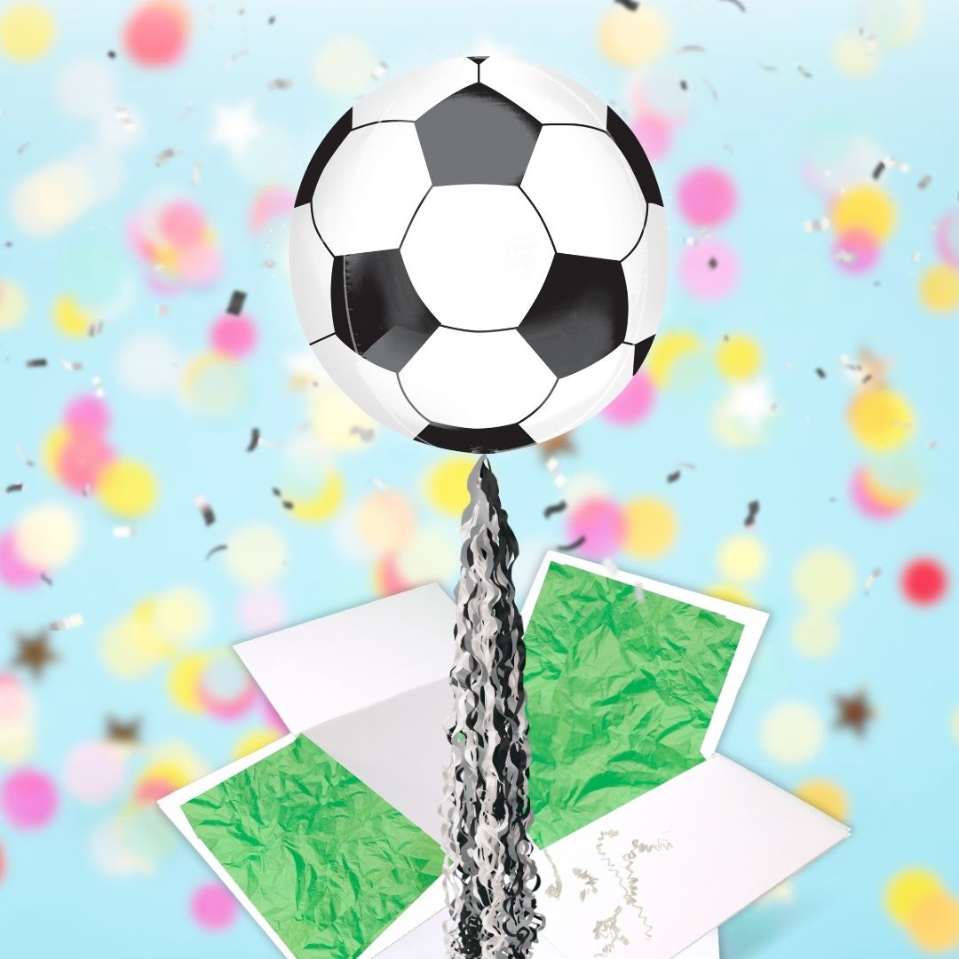 Floating Football Balloon In A Box With Tail Surprise Gift - Personalise It!