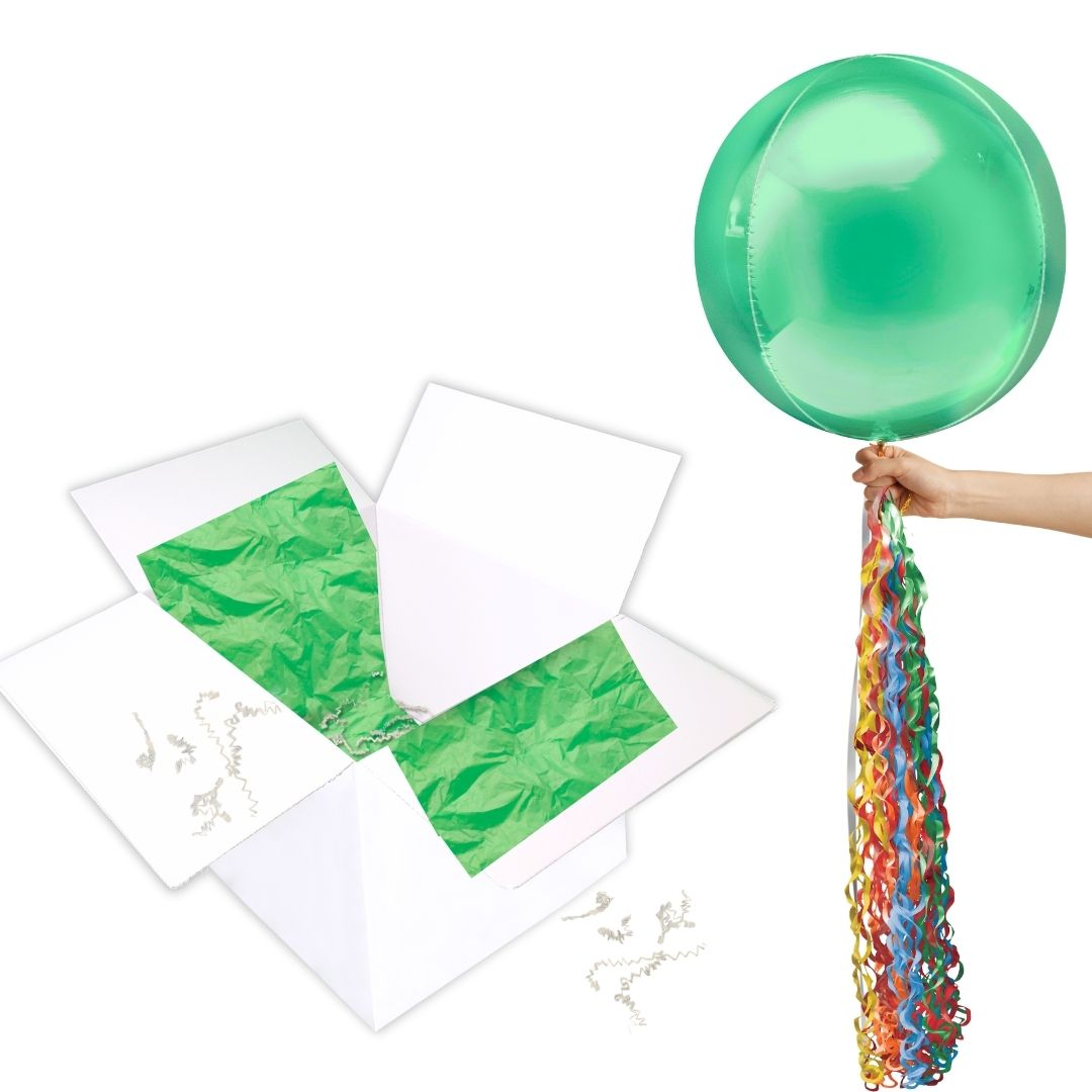 Floating Fresh Green Balloon In A Box With Tail Surprise Gift - Personalise It!