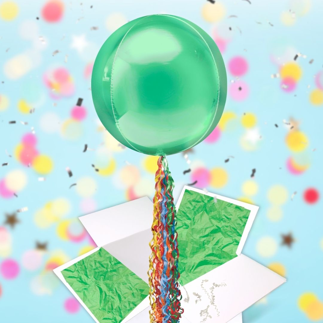 Floating Fresh Green Balloon In A Box With Tail Surprise Gift - Personalise It!