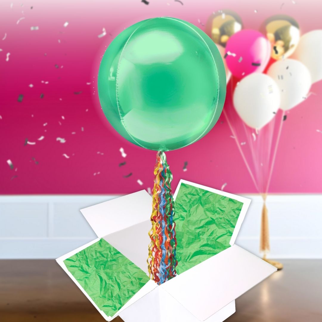 Floating Fresh Green Balloon In A Box With Tail Surprise Gift - Personalise It!