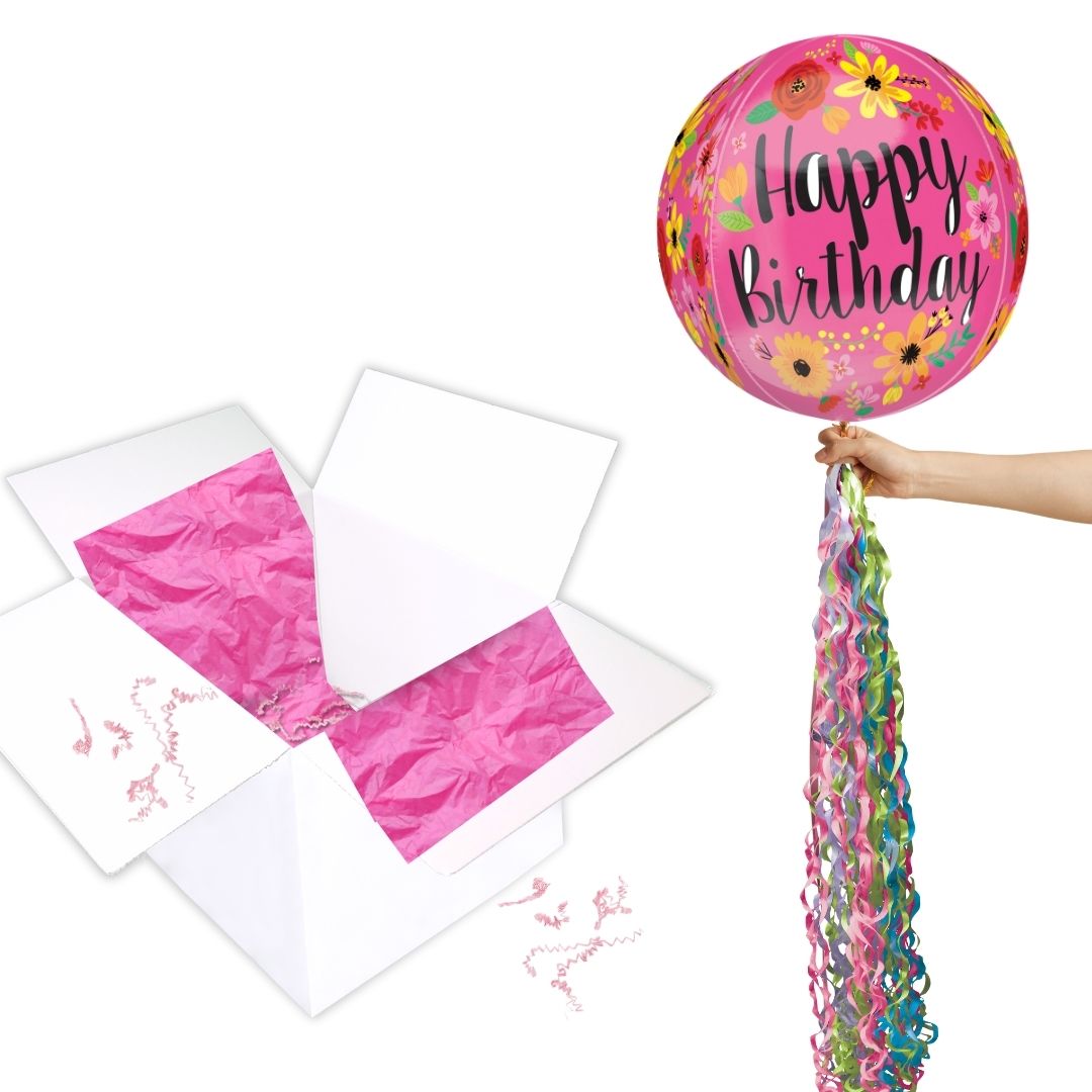 Floating Happy Birthday Pink Floral Balloon In A Box With Tail Surprise Gift - Personalise It!