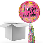 Floating Happy Birthday Pink Floral Balloon In A Box With Tail Surprise Gift - Personalise It!