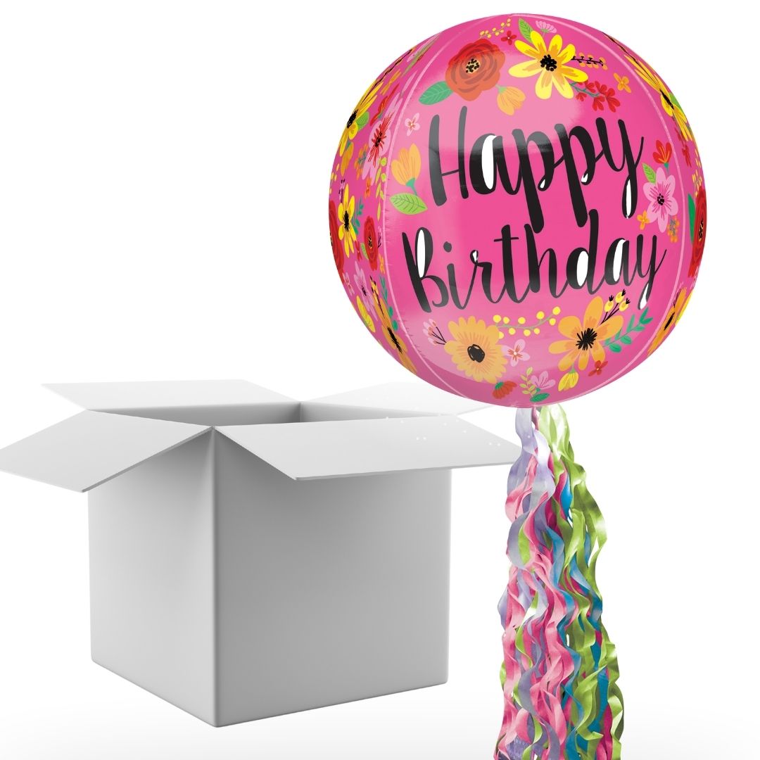 Floating Happy Birthday Pink Floral Balloon In A Box With Tail Surprise Gift - Personalise It!