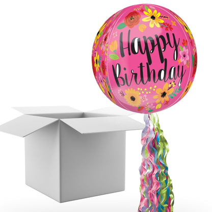 Floating Happy Birthday Pink Floral Balloon In A Box With Tail Surprise Gift - Personalise It!