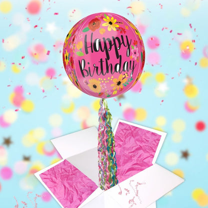 Floating Happy Birthday Pink Floral Balloon In A Box With Tail Surprise Gift - Personalise It!
