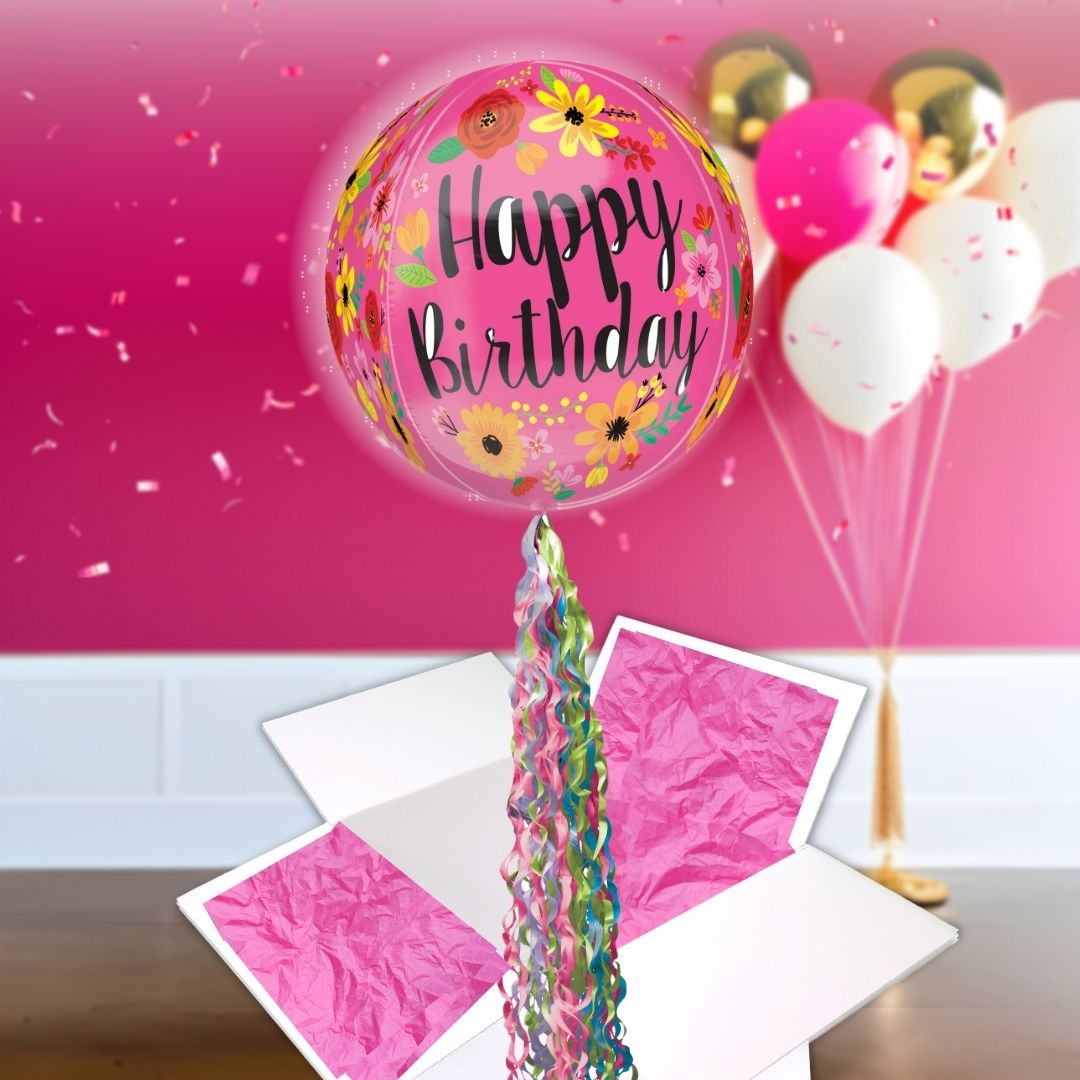 Floating Happy Birthday Pink Floral Balloon In A Box With Tail Surprise Gift - Personalise It!