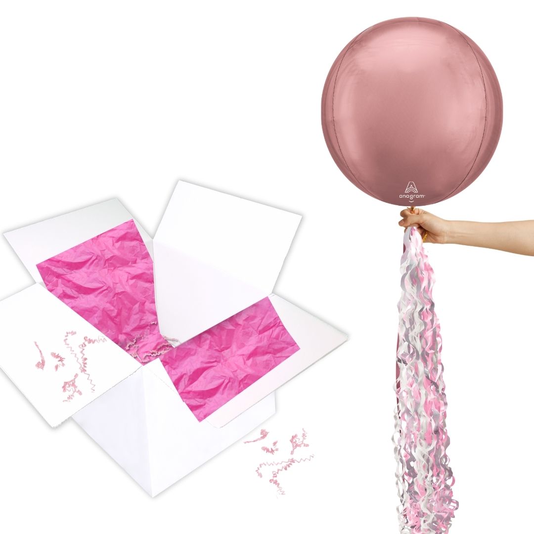 Floating Blush Rose Gold Balloon In A Box With Tail Surprise Gift - Personalise It!