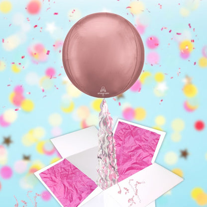 Floating Blush Rose Gold Balloon In A Box With Tail Surprise Gift - Personalise It!