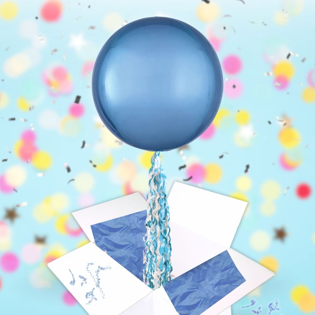 Floating Pastel Blue Balloon In A Box With Tail Surprise Gift - Personalise It!