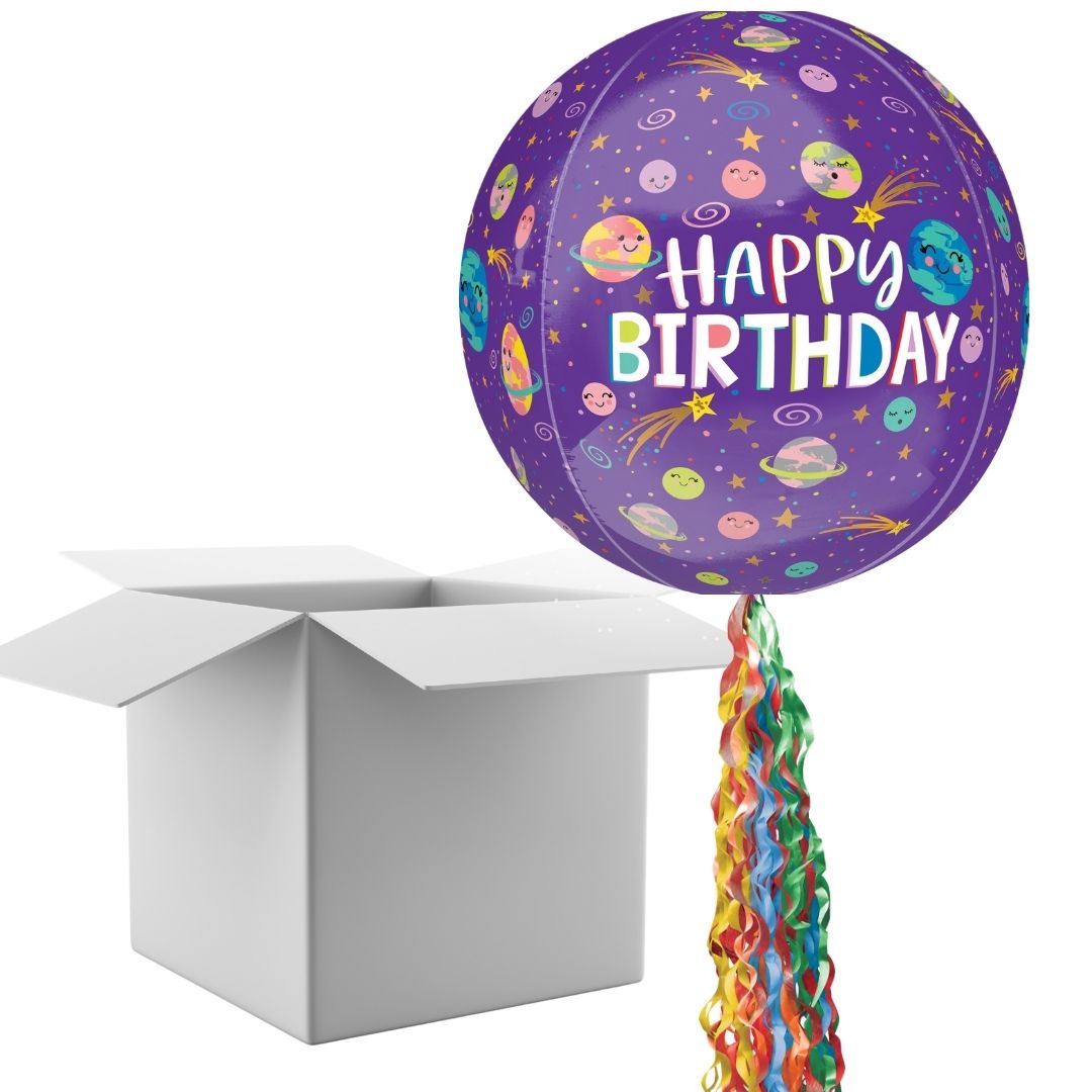 Floating Smiling Galaxy Birthday Balloon In A Box With Tail Surprise Gift - Personalise It!