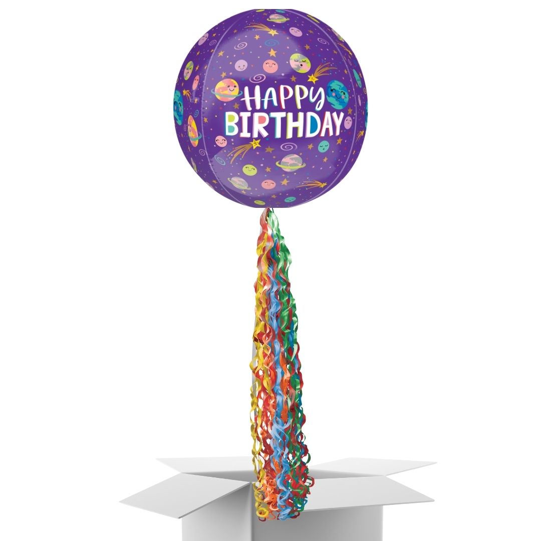 Floating Smiling Galaxy Birthday Balloon In A Box With Tail Surprise Gift - Personalise It!