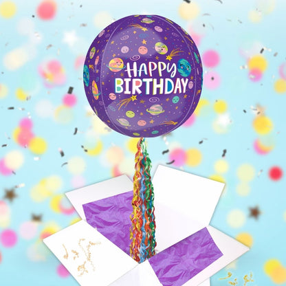 Floating Smiling Galaxy Birthday Balloon In A Box With Tail Surprise Gift - Personalise It!
