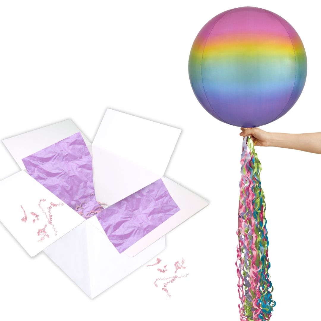 Floating Ombre Pastel Rainbow Balloon In A Box With Tail Surprise Gift - Personalise It!