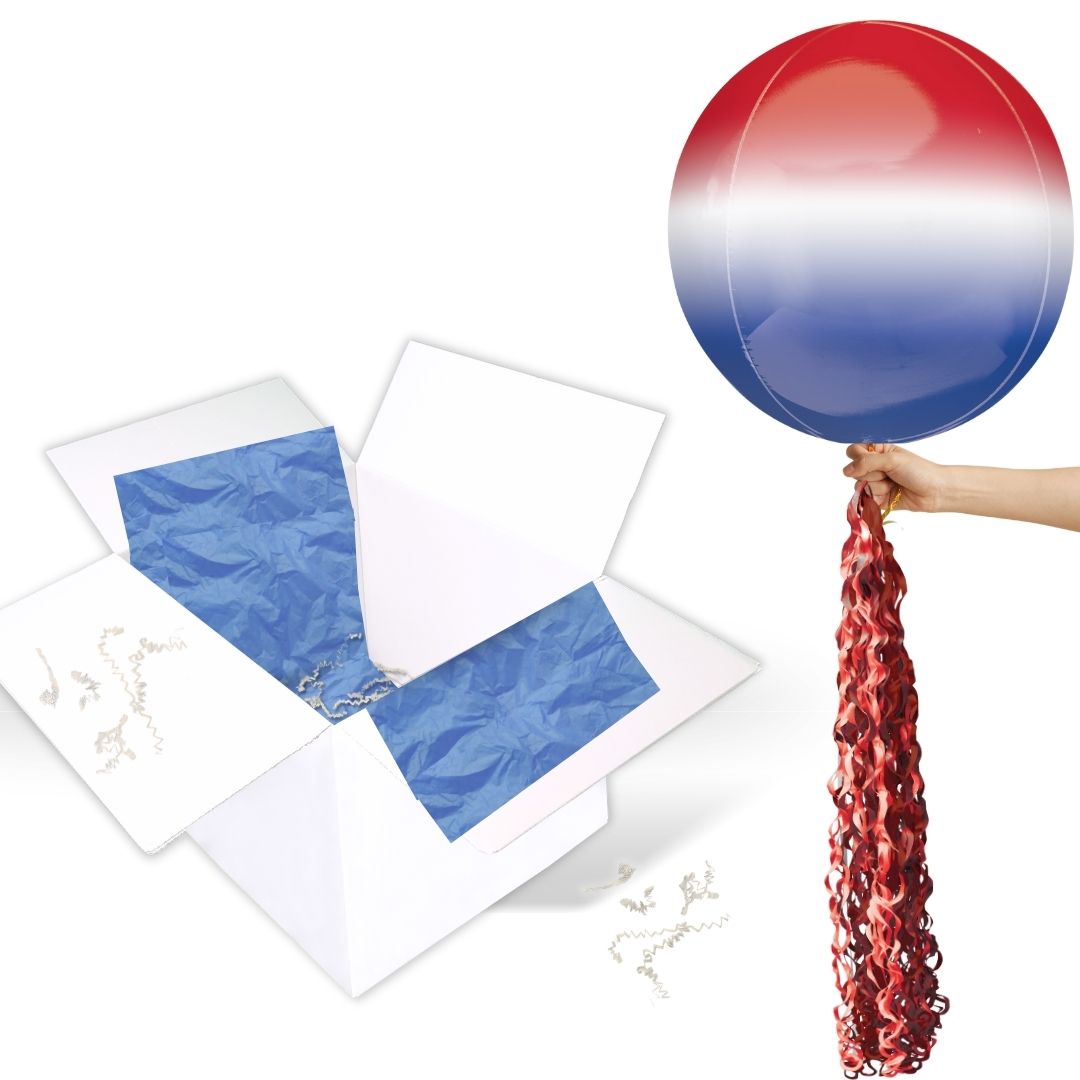 Floating Ombre Red, White & Blue Balloon In A Box With Tail Surprise Gift - Personalise It!