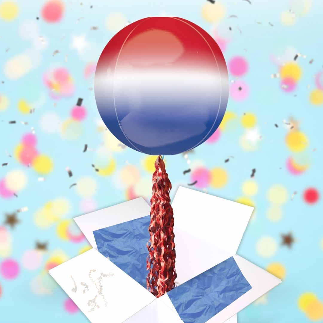 Floating Ombre Red, White & Blue Balloon In A Box With Tail Surprise Gift - Personalise It!