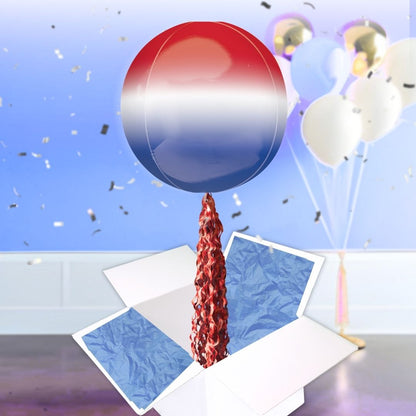 Floating Ombre Red, White & Blue Balloon In A Box With Tail Surprise Gift - Personalise It!