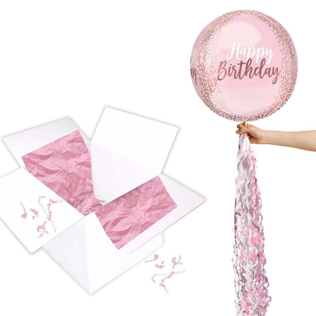 Floating Blush Pink Happy Birthday Balloon In A Box With Tail Surprise Gift - Personalise It!