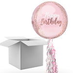 Floating Blush Pink Happy Birthday Balloon In A Box With Tail Surprise Gift - Personalise It!