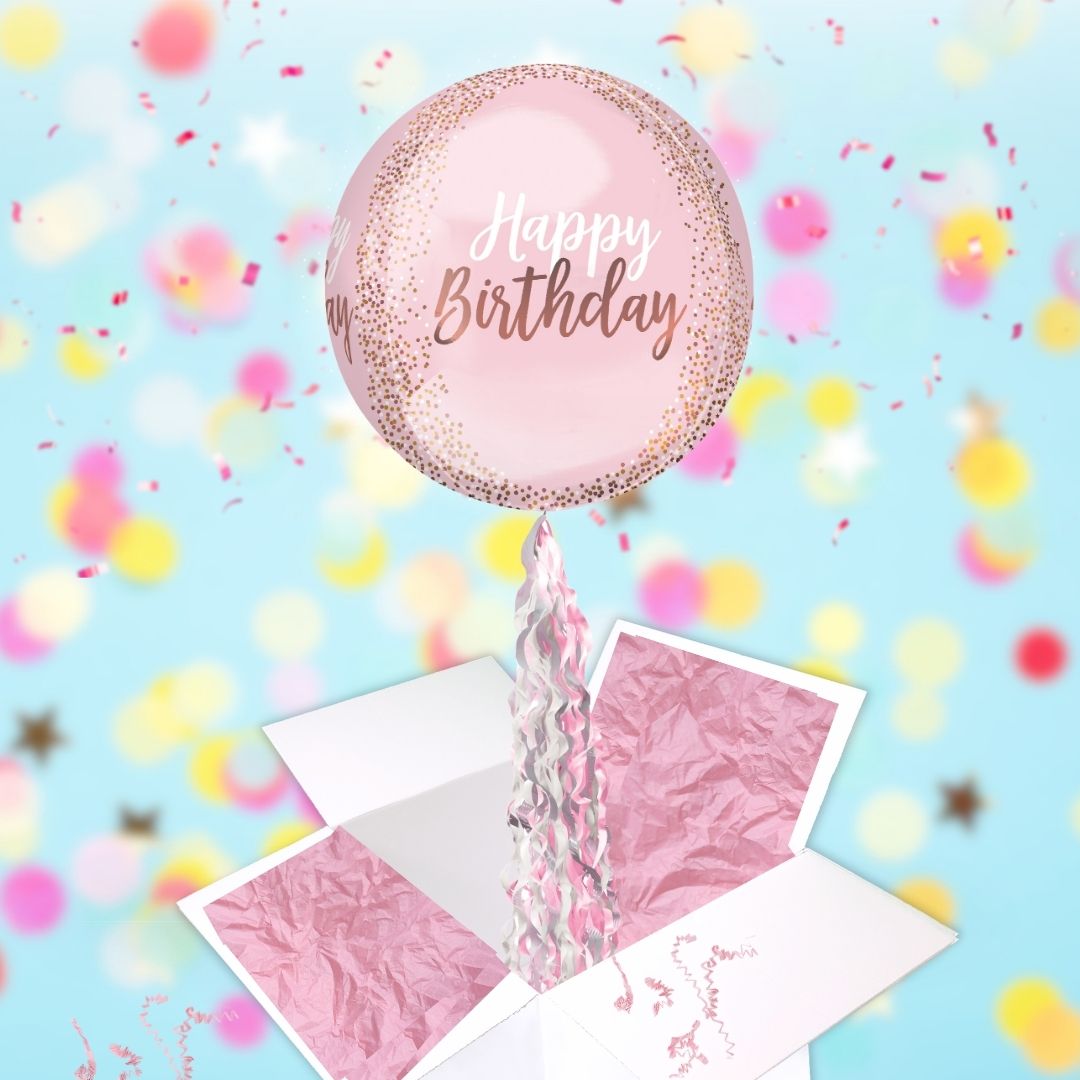 Floating Blush Pink Happy Birthday Balloon In A Box With Tail Surprise Gift - Personalise It!