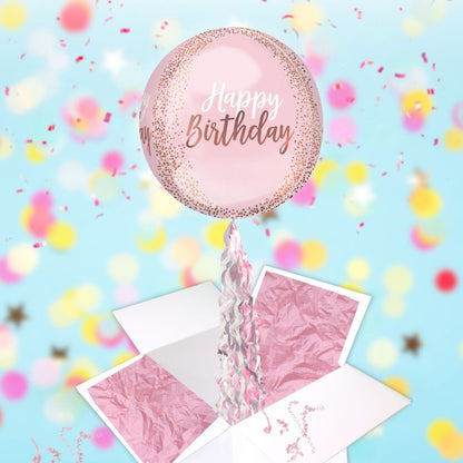 Floating Blush Pink Happy Birthday Balloon In A Box With Tail Surprise Gift - Personalise It!
