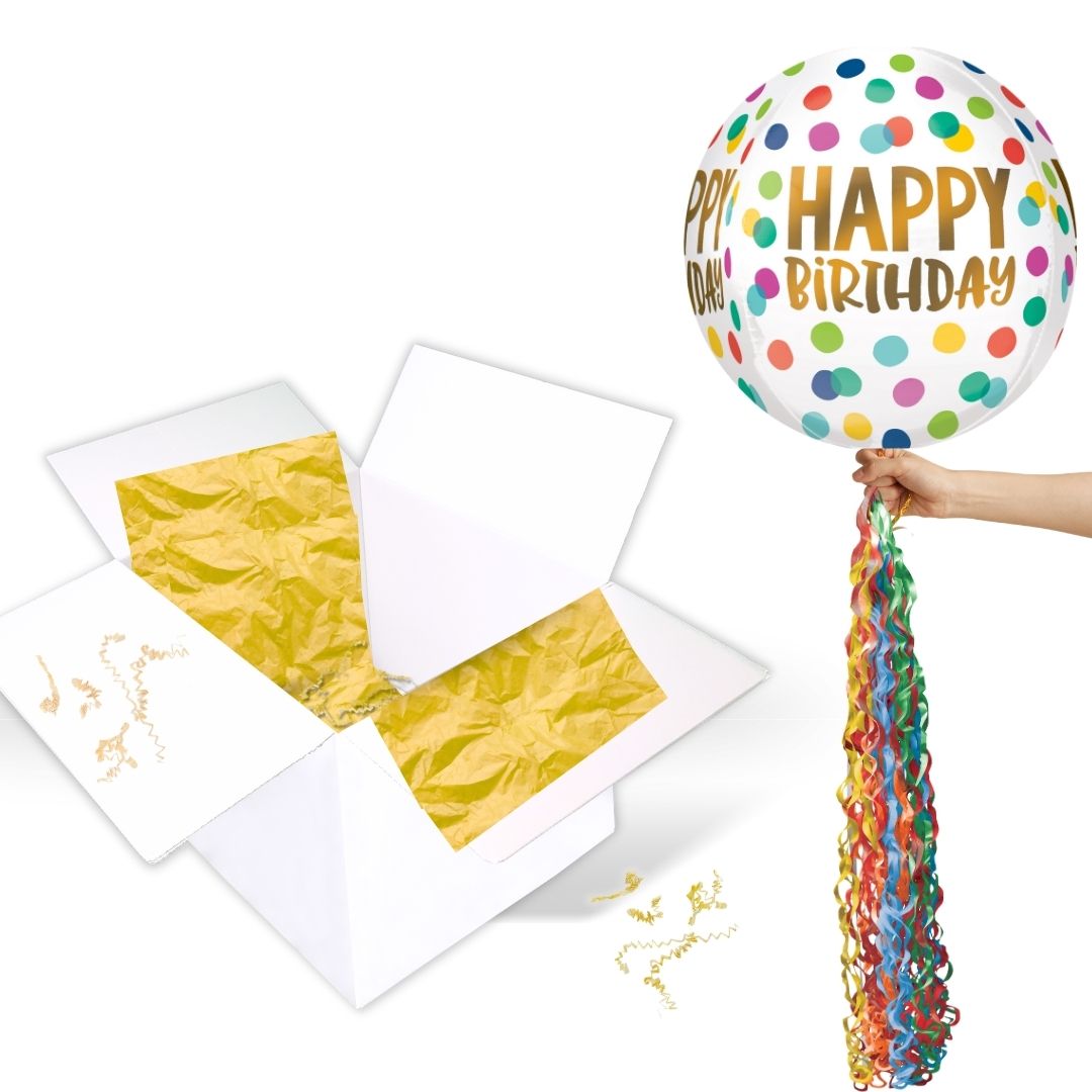 Floating Happy Birthday Polka Dots Balloon In A Box With Tail Surprise Gift - Personalise It!