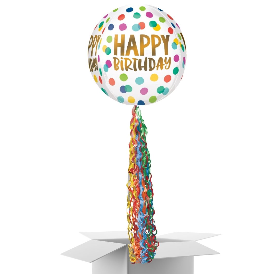 Floating Happy Birthday Polka Dots Balloon In A Box With Tail Surprise Gift - Personalise It!