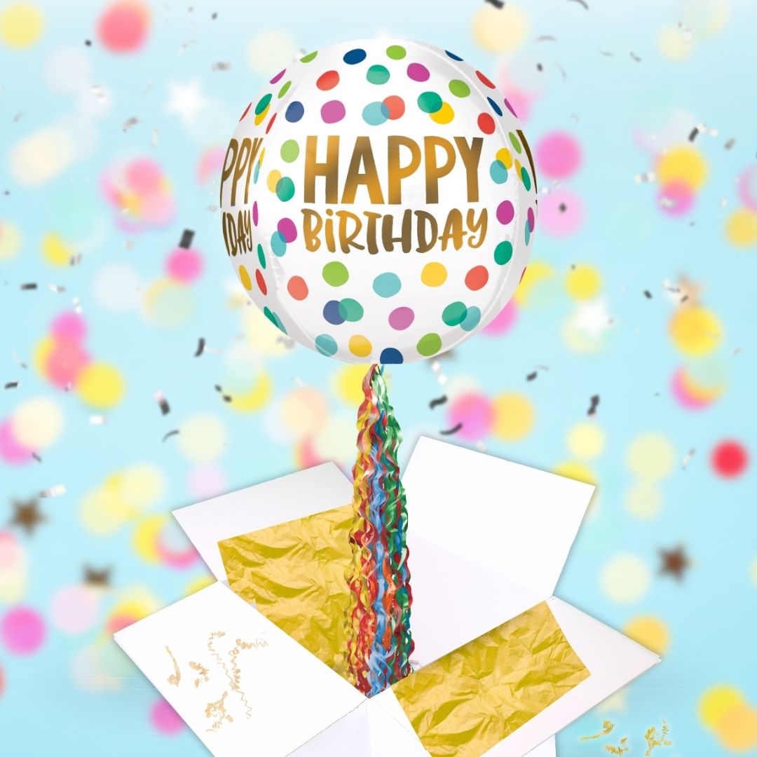 Floating Happy Birthday Polka Dots Balloon In A Box With Tail Surprise Gift - Personalise It!