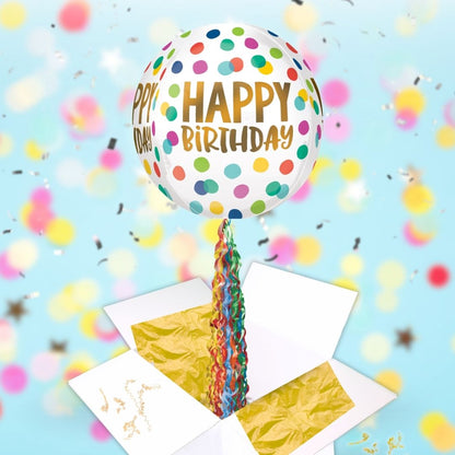 Floating Happy Birthday Polka Dots Balloon In A Box With Tail Surprise Gift - Personalise It!
