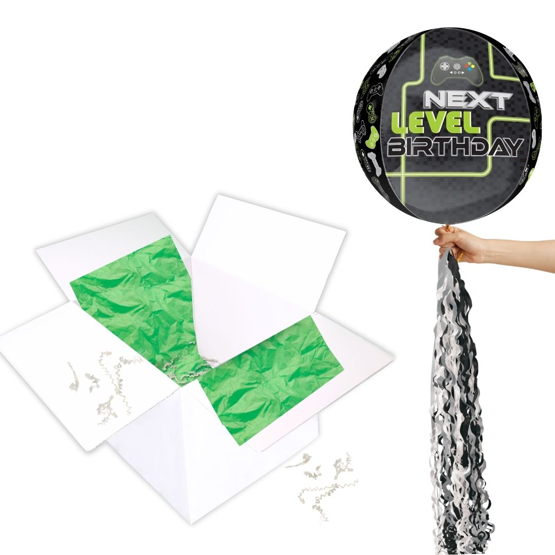 Floating Level Up Gamer Birthday Balloon In A Box With Tail Surprise Gift - Personalise It!