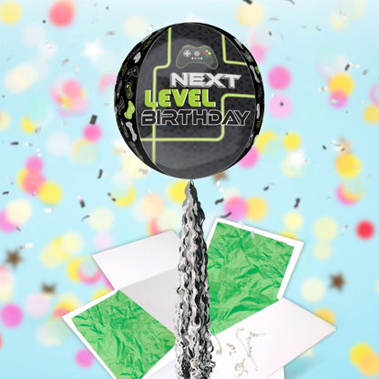 Floating Level Up Gamer Birthday Balloon In A Box With Tail Surprise Gift - Personalise It!