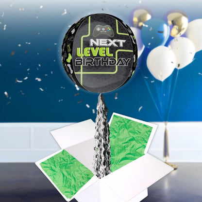 Floating Level Up Gamer Birthday Balloon In A Box With Tail Surprise Gift - Personalise It!