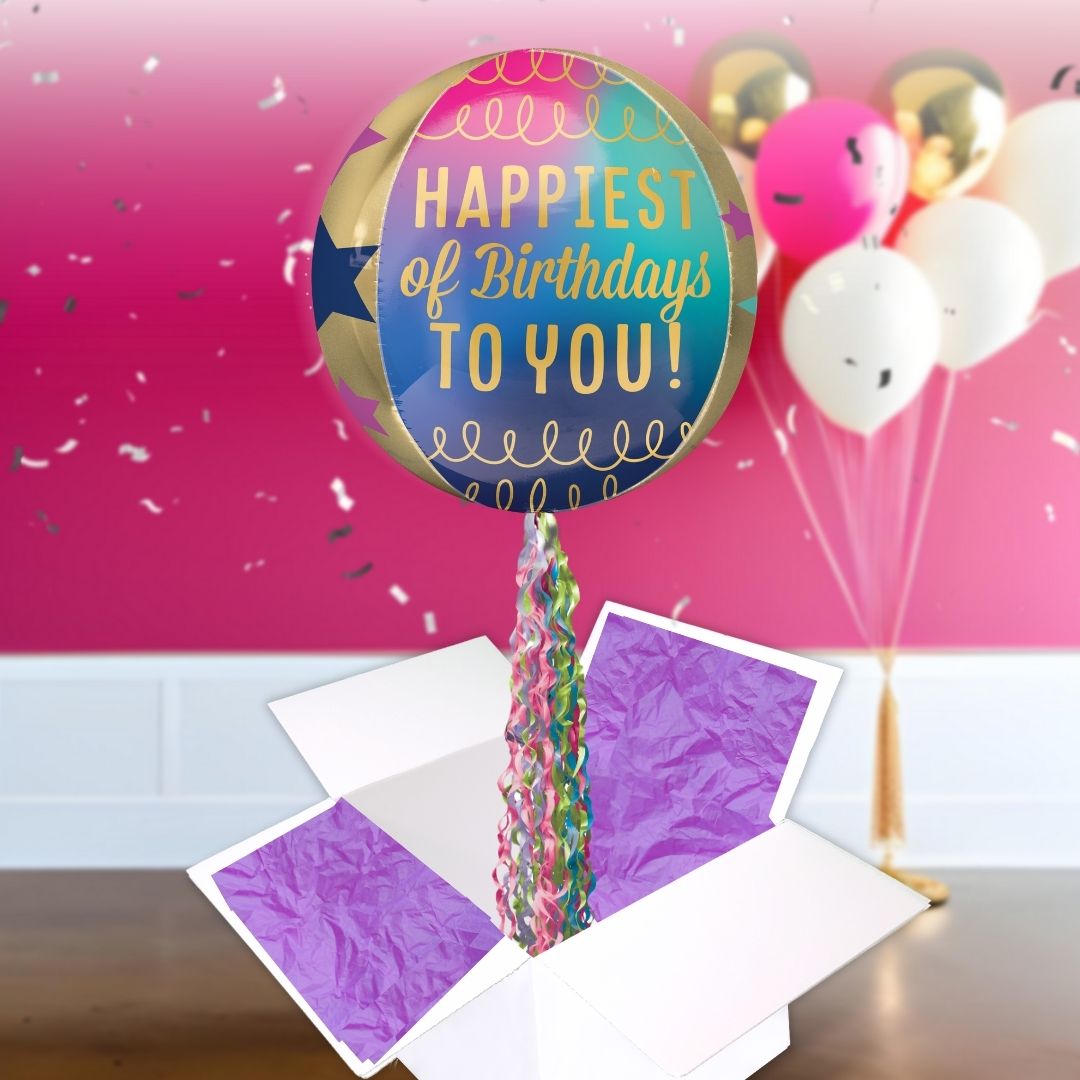 Floating Birthday Stars & Gold Balloon In A Box With Tail Surprise Gift - Personalise It!