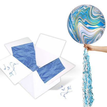 Floating Opulent Blue Marble Balloon In A Box With Tail Surprise Gift - Personalise It!