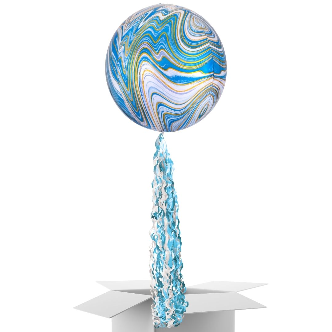 Floating Opulent Blue Marble Balloon In A Box With Tail Surprise Gift - Personalise It!