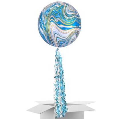 Floating Opulent Blue Marble Balloon In A Box With Tail Surprise Gift - Personalise It!