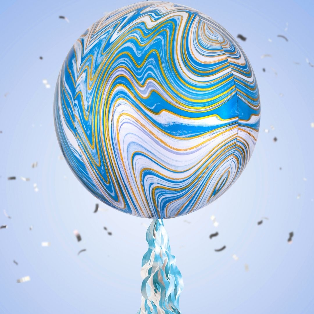 Floating Opulent Blue Marble Balloon In A Box With Tail Surprise Gift - Personalise It!
