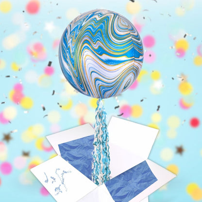 Floating Opulent Blue Marble Balloon In A Box With Tail Surprise Gift - Personalise It!