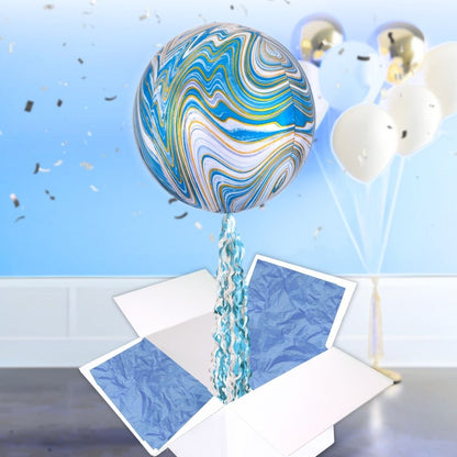 Floating Opulent Blue Marble Balloon In A Box With Tail Surprise Gift - Personalise It!