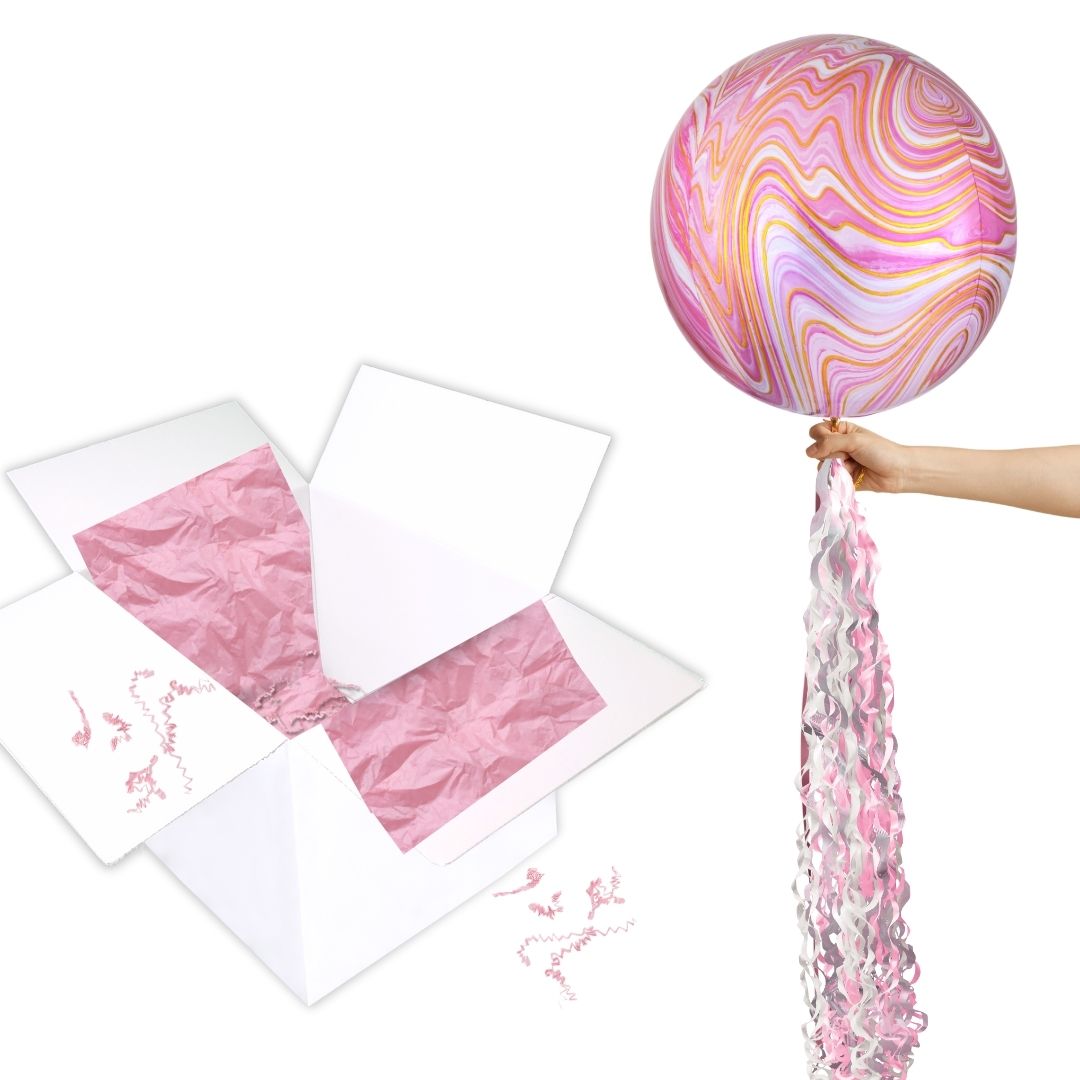 Floating Opulent Pink Marble Balloon In A Box With Tail Surprise Gift - Personalise It!