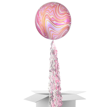 Floating Opulent Pink Marble Balloon In A Box With Tail Surprise Gift - Personalise It!