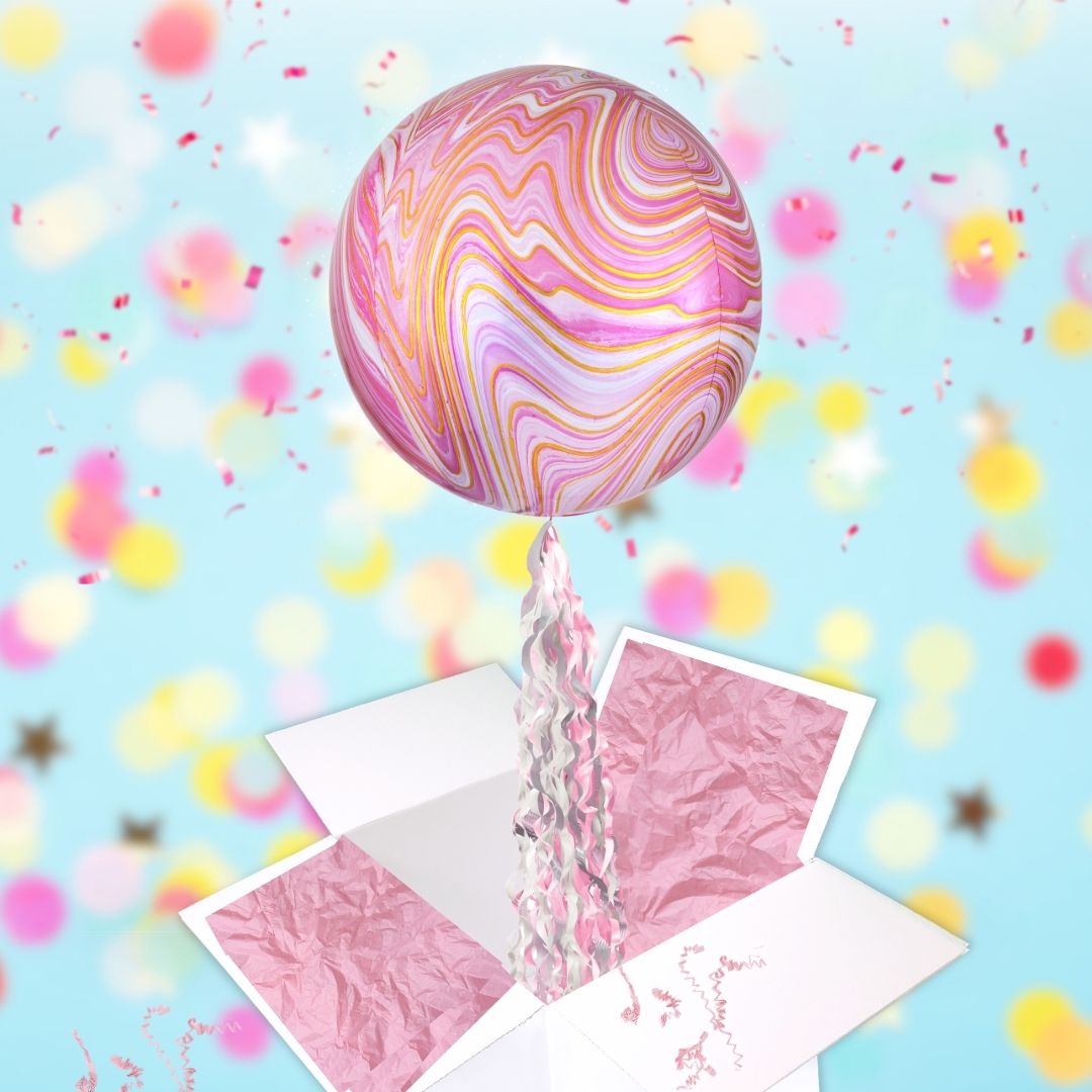 Floating Opulent Pink Marble Balloon In A Box With Tail Surprise Gift - Personalise It!