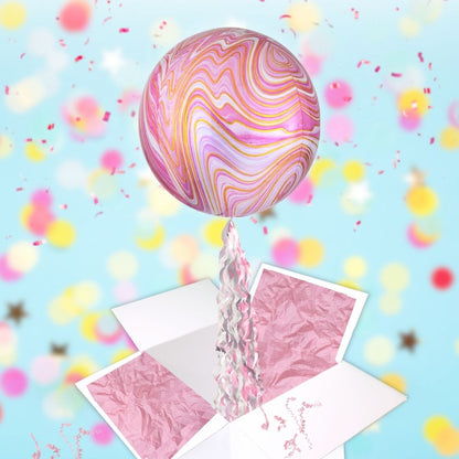 Floating Opulent Pink Marble Balloon In A Box With Tail Surprise Gift - Personalise It!