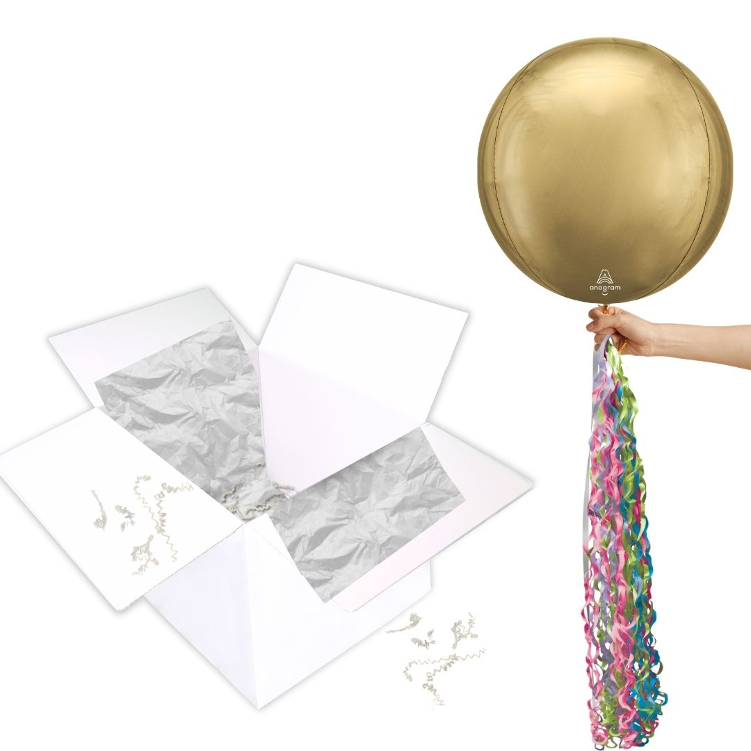 Floating White Gold Balloon In A Box With Tail Surprise Gift - Personalise It!