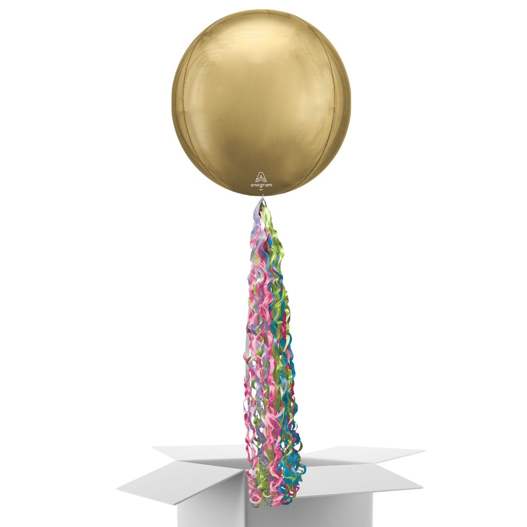 Floating White Gold Balloon In A Box With Tail Surprise Gift - Personalise It!