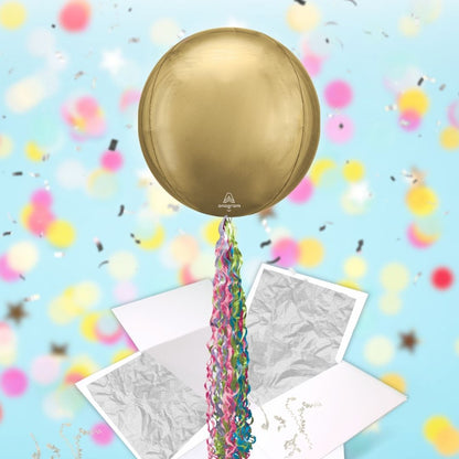 Floating White Gold Balloon In A Box With Tail Surprise Gift - Personalise It!